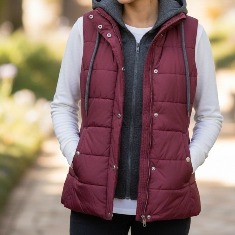 Arizona Jeans Co Quilted‎ Puffer Vest Burgundy Hooded Womens Size S